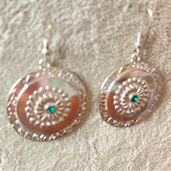 Silver Green Stone Fish Hook Earrings - Picture 3 of 6